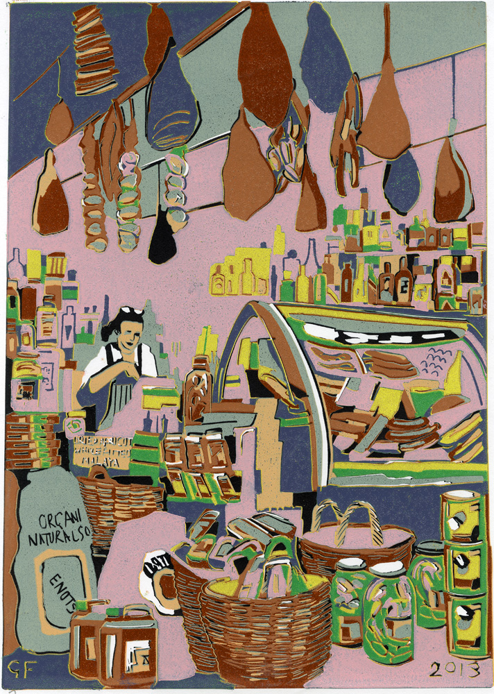 This is Graham's Lino Print of Josie's Deli. 